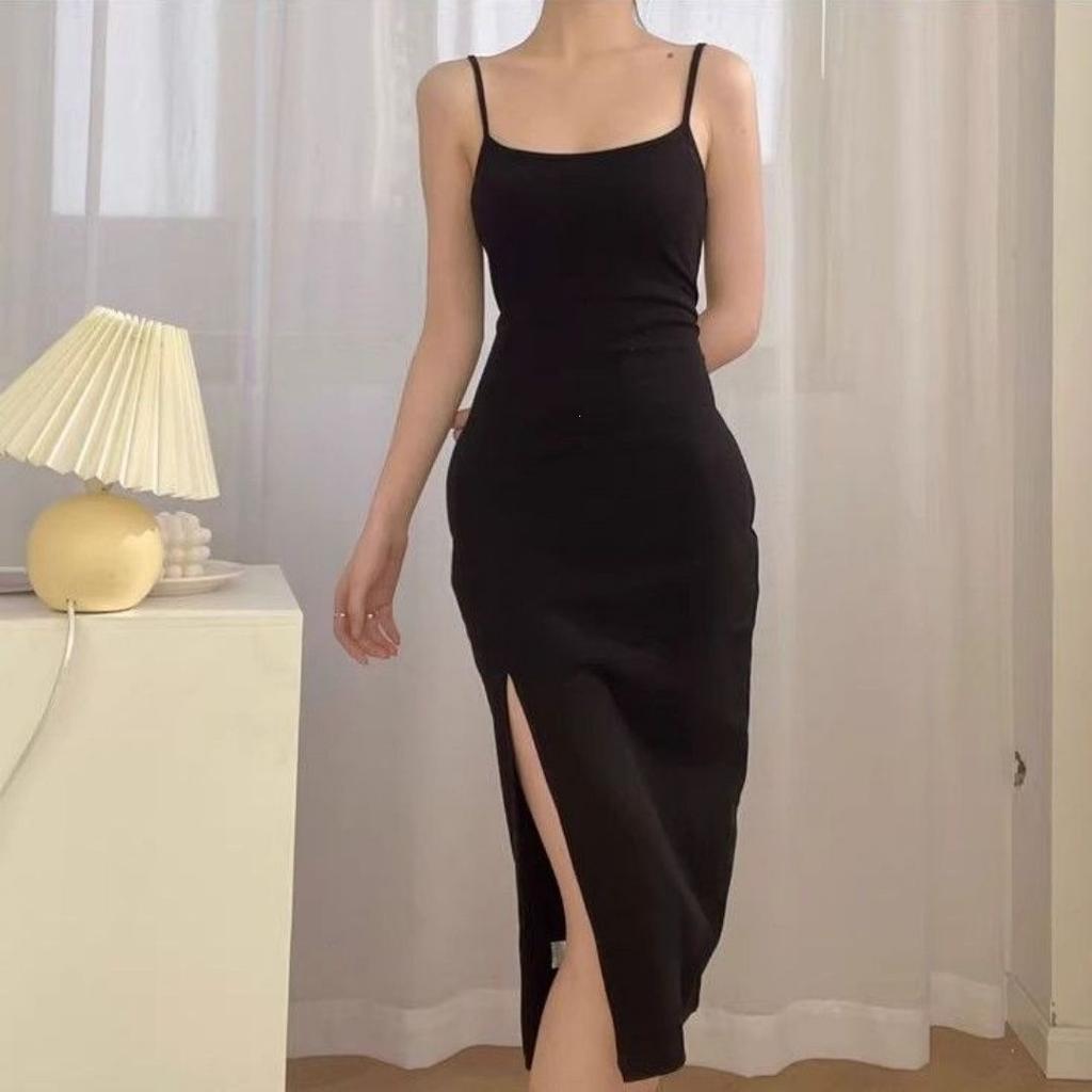 Pure Desire Wind Suspender Dress Seaside Vacation Low Neck Split French Beach Skirt Women's Summer Hip Skirt Waist Skirt