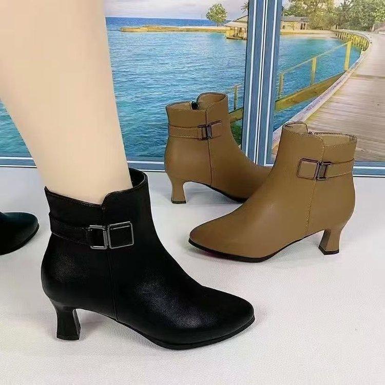 Versatile Pointed Temperament Zipper Martin Boots Women's 2025 Autumn and Winter New Velvet Women's Soft-soled Short Cotton Boots Leather Shoes