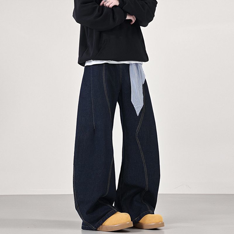 American Retro Washing Scimitar Jeans Men and Women Loose Design Square Scarf Wide-leg Casual Trousers