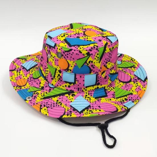 Klobouk Bucket Hat Široký okraj Barevný geometrický vzor Rybářský klobouk Bezpečnostní větruodolná šňůrka Přenosný skládací klobouk na ochranu před sluncem