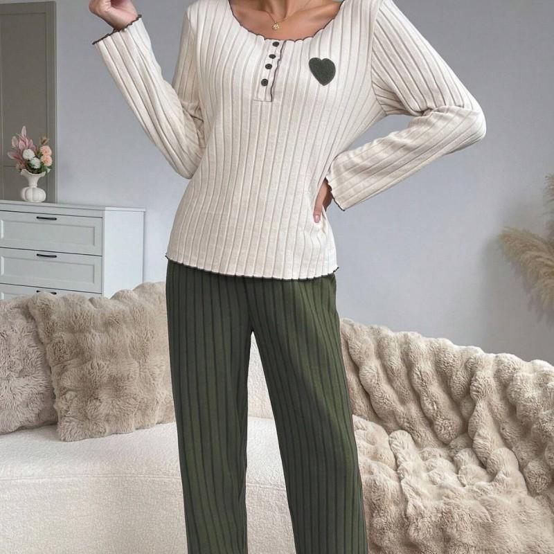 Soft Knit Pajama Set With Ribbed Texture Heart Embroidery Long Sleeve Lounge Wear Women