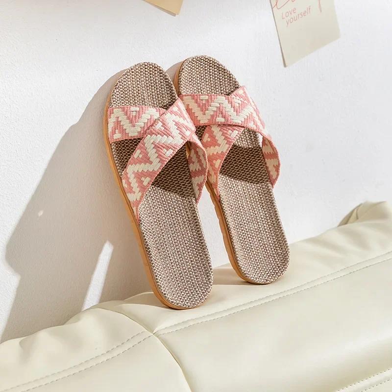 Leinenslipper für den Heimgebrauch Dicksohlige Sommer-Gras-Geflochtene Rattan-Geflochtene Herren- und Damen-Hausschuhe Indoor Rutschfest Geruchshemmend Füße