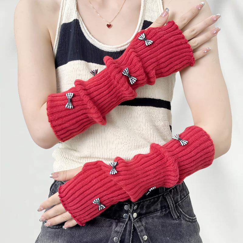 Sweet Cute Fur Bowknot Fingerless Gloves Girl Cosplay Sleeves Arm Sleeves Wool Knitted Sleeves