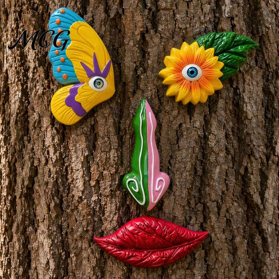 Flower Eyes Tree Decoration Colorful Trunk Face Decor, Outdoor Faces, Trees Yard Art Sun-proof Ornament Statues, Garden Cute Funny Creative for Patio