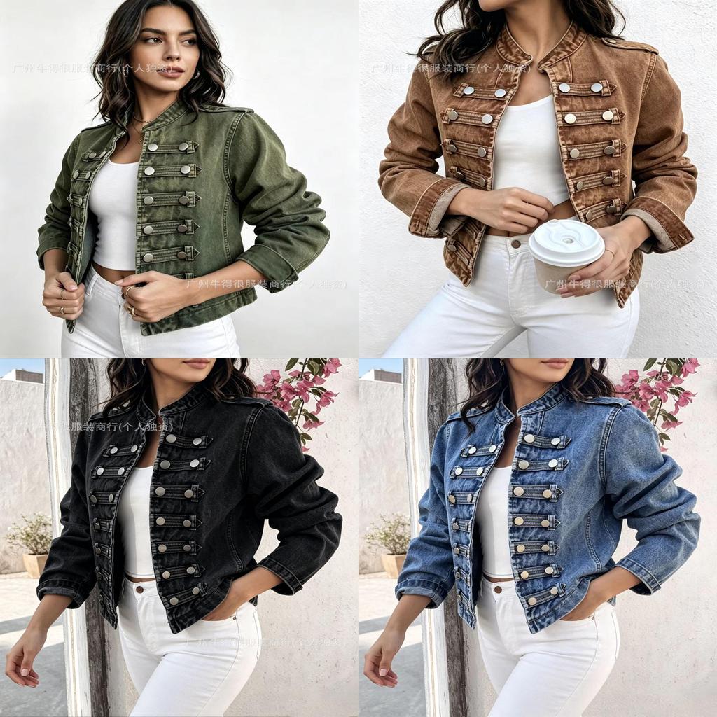 Giacca di Jeans da Donna con Collo Alto e Maniche Lunghe Moda Estiva Casual