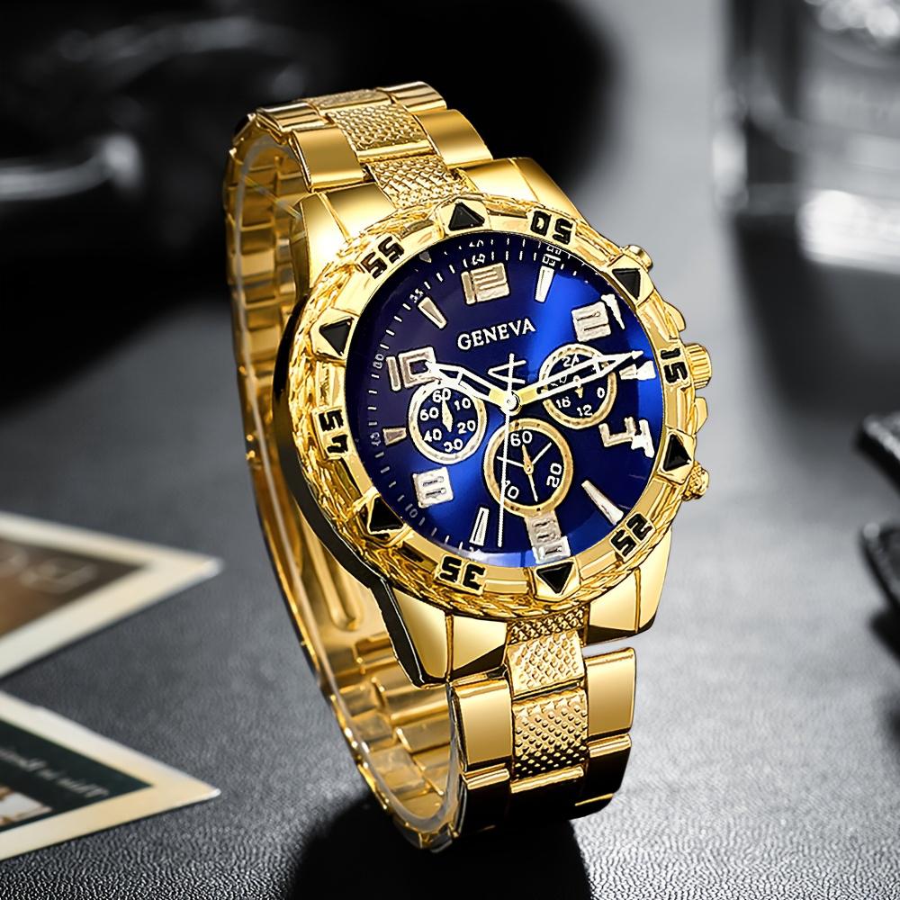 Relojes Casuales de Cuarzo para Hombre de Negocios, Sets Analógicos Dorados y Plateados con Correa de Aleación, Sets de Relojes de Pulsera Clásicos para Hombre, Regalos para Hombres.