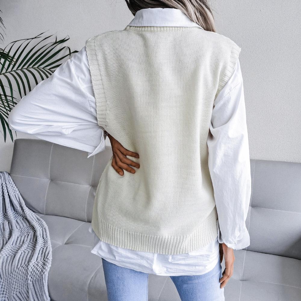 Women's Sleeveless Jumpers Knit Sweater Vest Cable Knitwear Tanks Autumn Winter Crew Neck Pullover Tank Top
