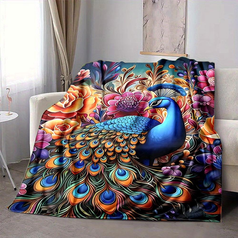 1pc Peacock Feather Print Blanket Lightweight Flannel Blanket Throw Blanket For Sofa, Bed, Travel, Camping, Livingroom, Couch, Chair, And Bed Yy250902