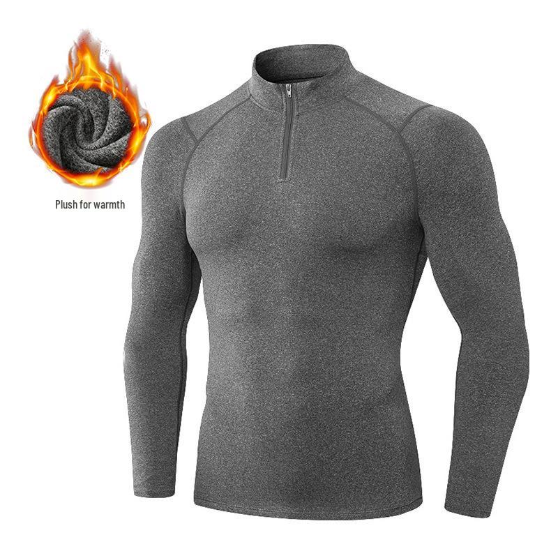 Cross-border Autumn/Winter Men's High-Elastic Half-Zip Velvet Fitness T-Shirt - Solid Color for Outdoor Running and Sports.