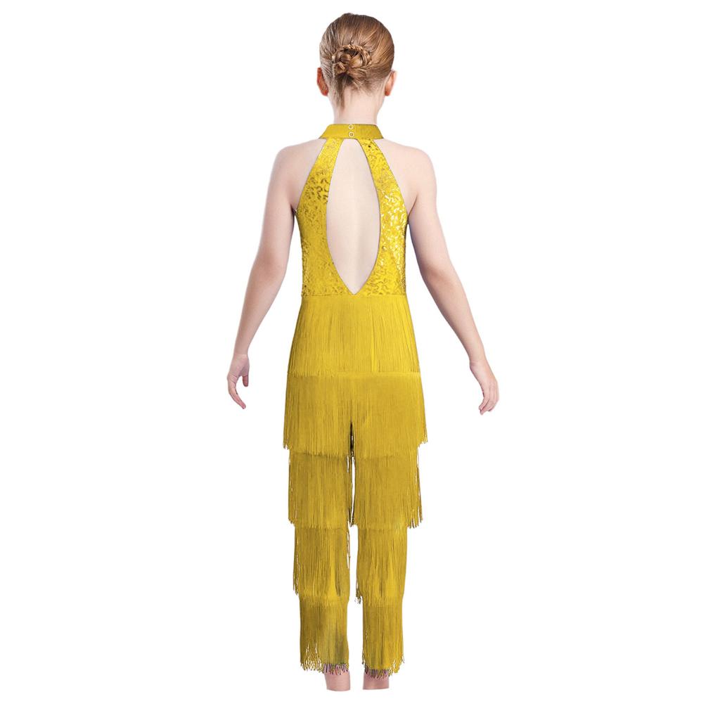 Mädchen Halter Ärmellos Rückenfrei Pailletten Stufig Quaste Tanz Jumpsuit Cha cha Latein Kostüm