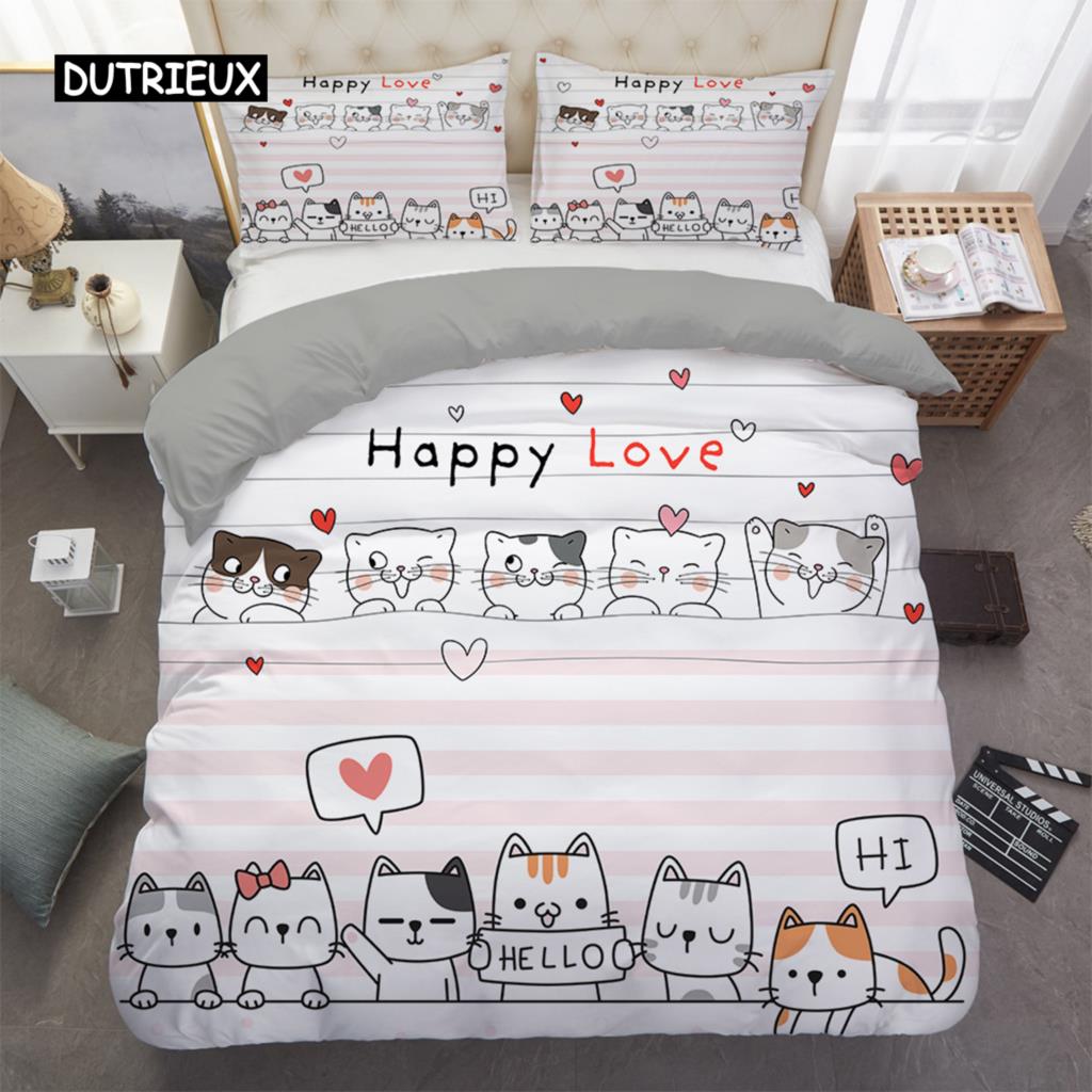 Home Textile Cartoons Cute Cat Quilt Cover Duvet Cover Pillow Case Boy Girl 2/3Pcs Polyester Bedding Set King Queen Twin Size