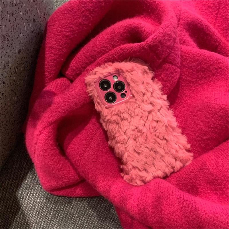 Ins Korean Cute Fuzzy Plush Pink Phone Case For Iphone 14 13 12 11 Pro Xs Max X Xr 7 8 Plus Winter Shockproof Soft Cover Funda