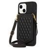 For iPhone 15 RFID Blocking Card Holder Phone Case Mirror Kickstand Imprinted PU Leather Coated TPU Cover with Shoulder Strap