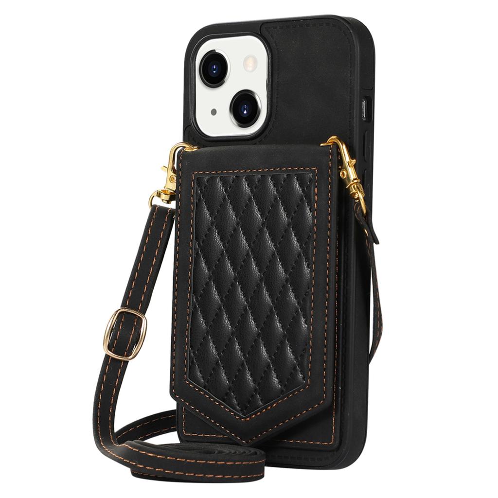 For iPhone 15 RFID Blocking Card Holder Phone Case Mirror Kickstand Imprinted PU Leather Coated TPU Cover with Shoulder Strap