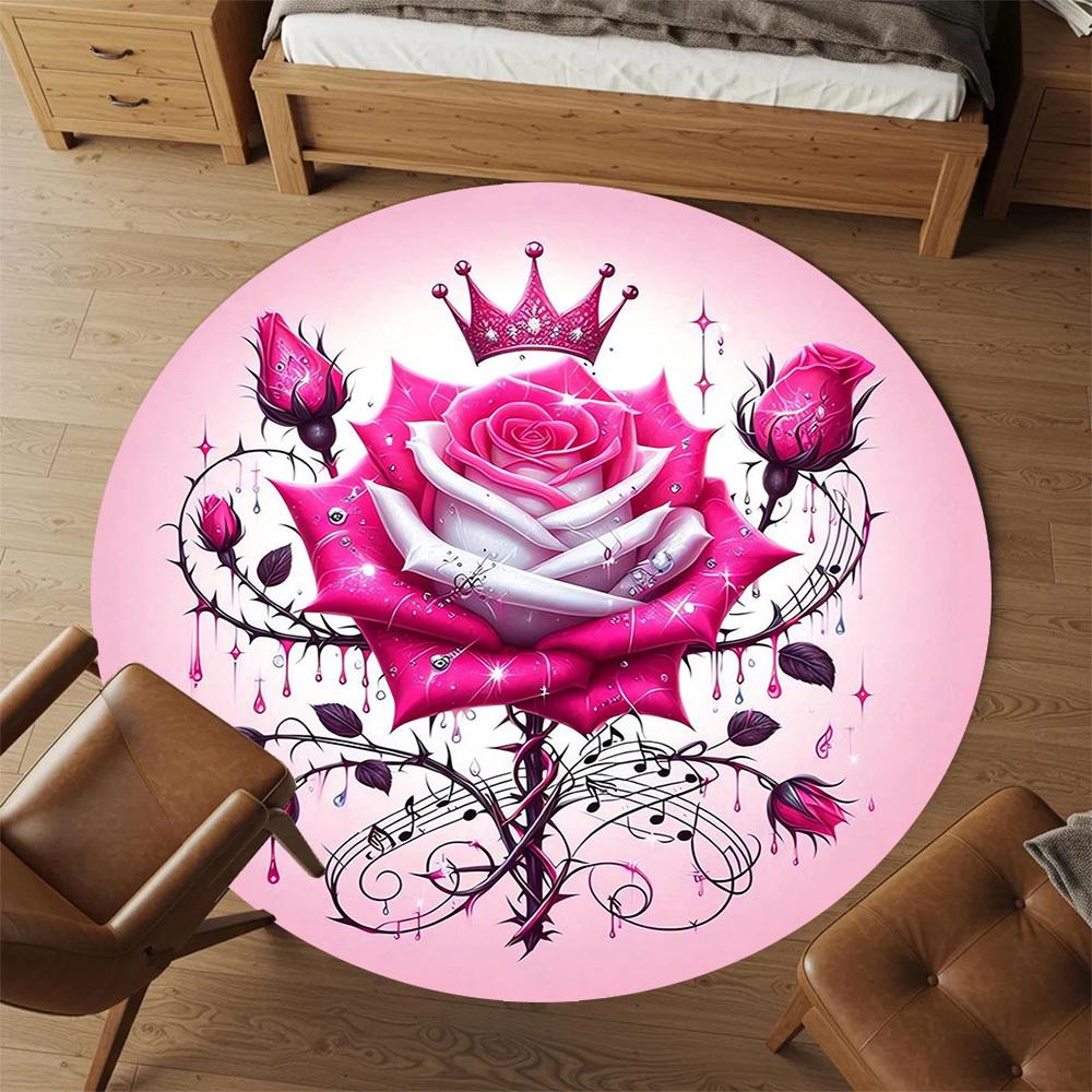 1pc Rose Crown Round Chair Mat Area Rug - Non-Slip, Floor Mat for Office, Bedroom, and Indoor Decor -1002185