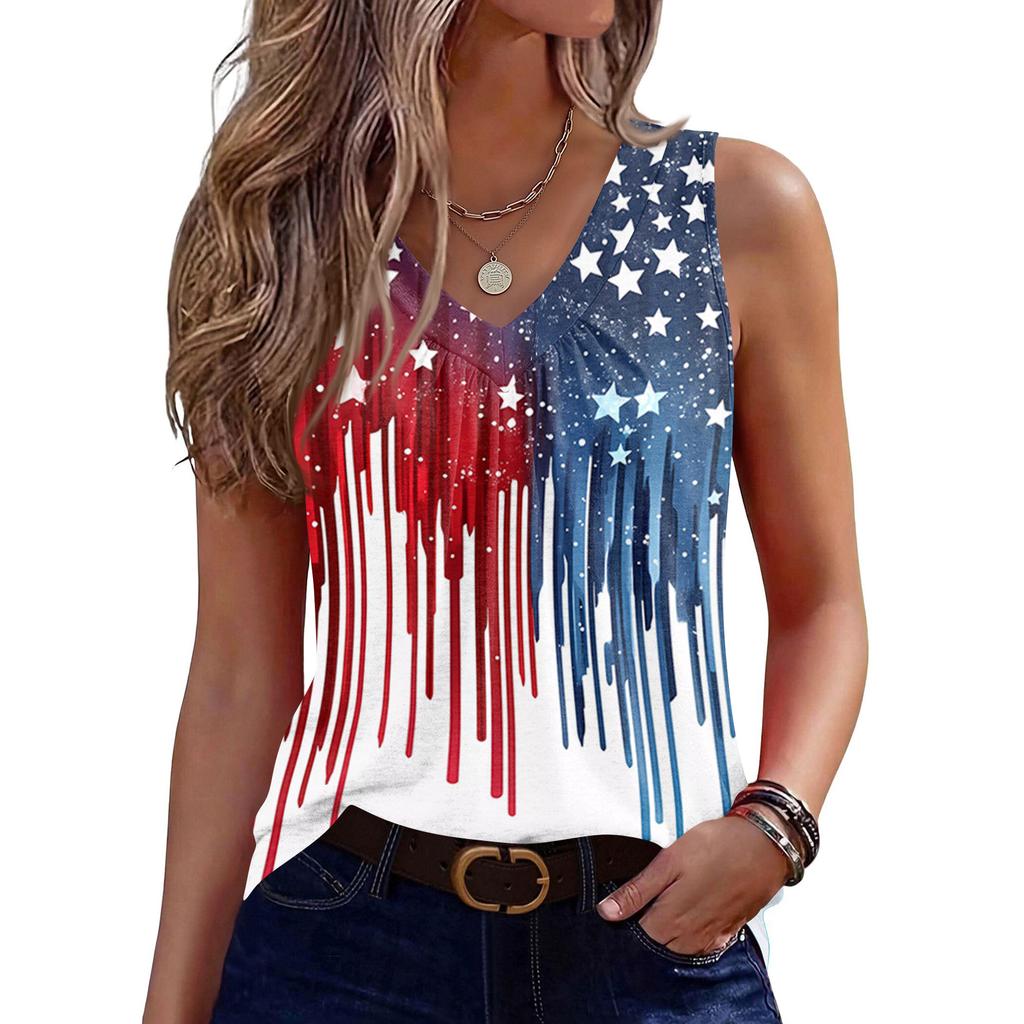 V-Neck Tank Top Women Print Tank Tee Casual Loose Fit Sleeveless Shirt