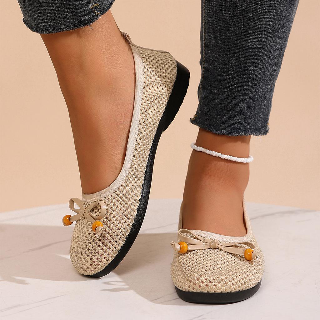 Womens Vintage Suede Bow Round Toe Low Cut Ballet Flats Slip On Casual Shoes with Soft Sole Lightweight Design