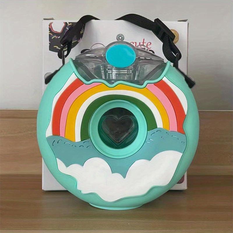 13oz Donut-Shaped Sports Water Bottle Leakproof BPA Free Outdoor Plastic Cute Water Bottles With Adjustable Shoulder Strap Straw