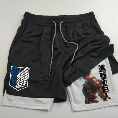 Anime Attack On Giant Print Men's Two-in-One Double-Level Sports Fitness Casual Shorts