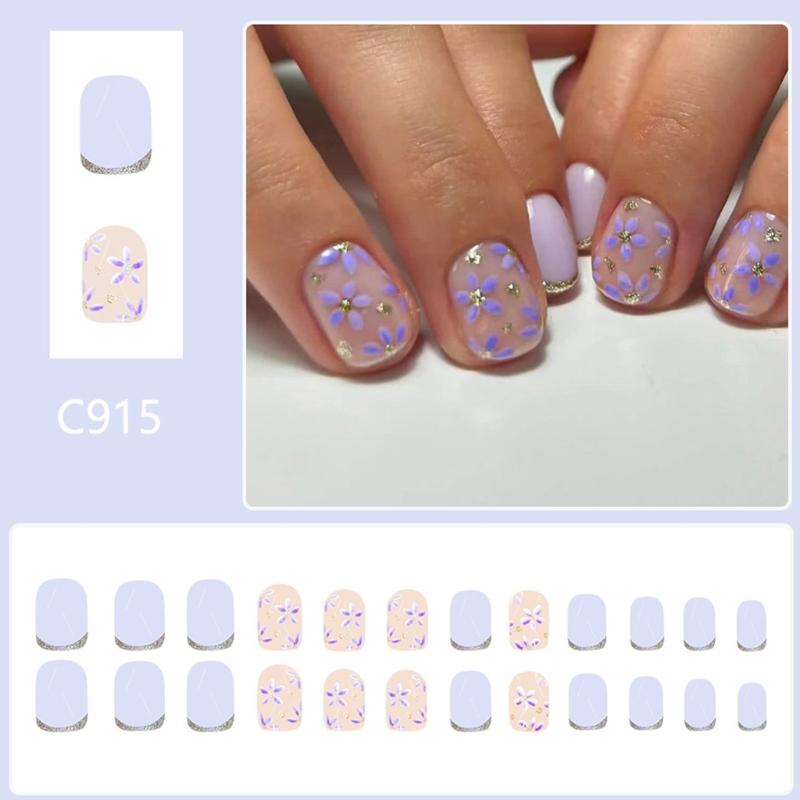24 Pcs Glittering Press On Nail French Tips False Nail Flowers Full Cover Stick On Nail Short Square Acrylic Nail