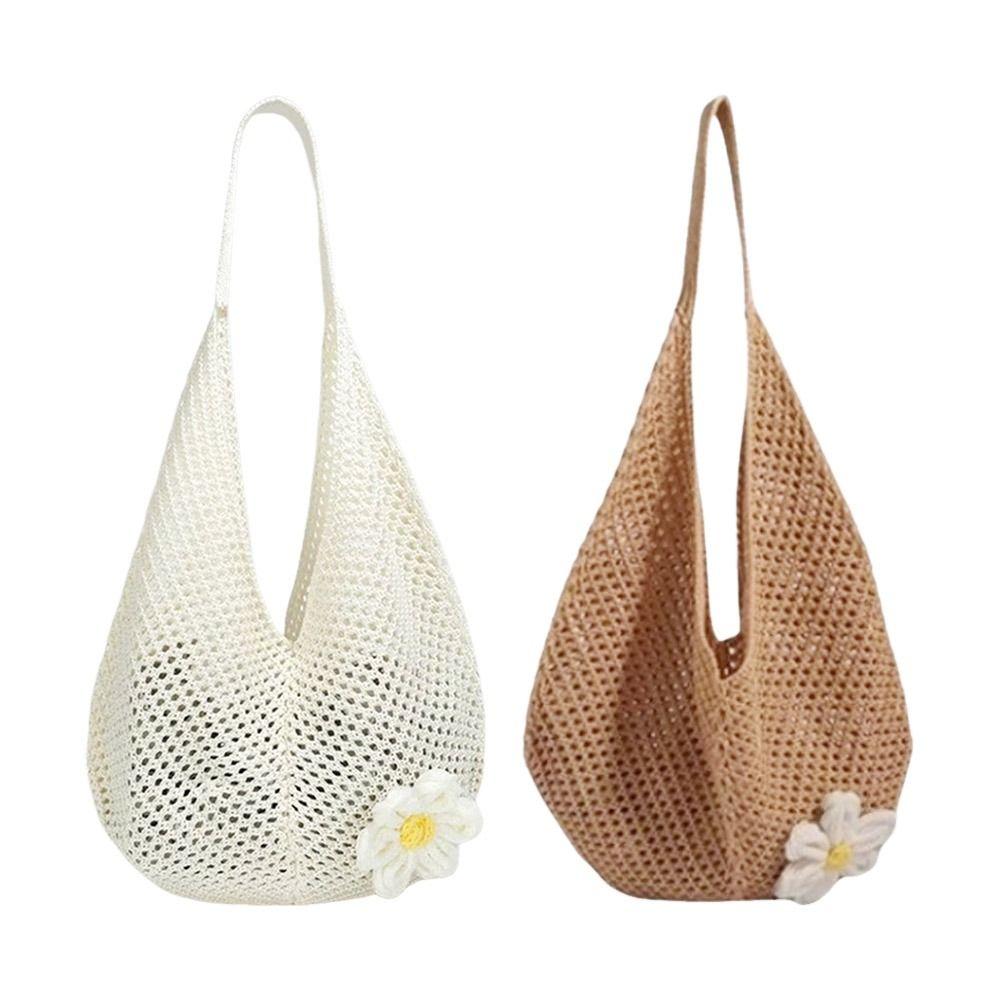 Casual Handmade Crochet Underarm Bag Hollow Out Large Capacity Mesh Tote Knitting Weaving Beach Bag for Shopping