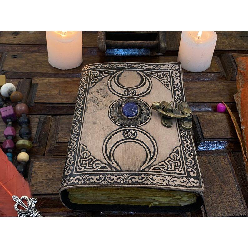 Triple Moon Goddess Vintage leather Journal blank spell Book of shadows Grimoire journal witchcraft supplies Wiccan journal
