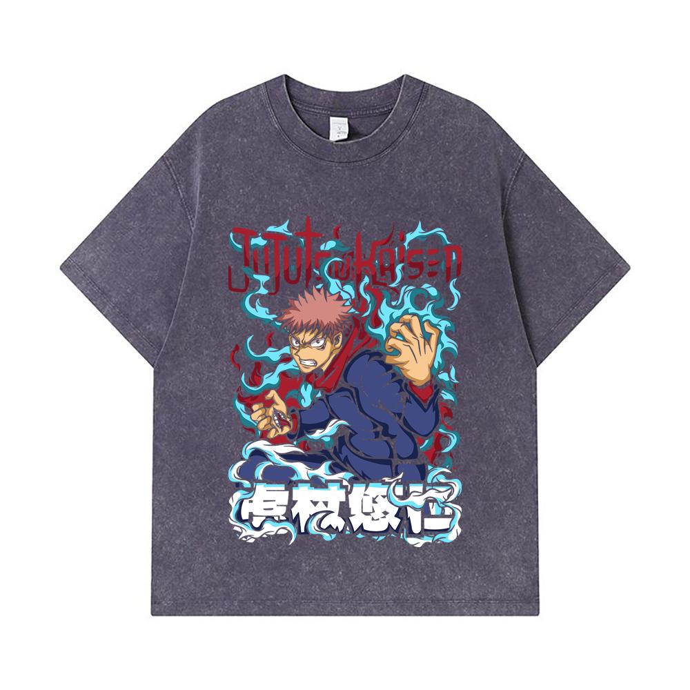 275 GSM Washed T-shirts 100% Cotton Jujutsu Kaisen V50 Yuji Print Unisex Heavy Cotton T Shirt