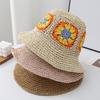 Straw Hat Bohemian Floral Pattern Foldable Beach Hat Wide Brim Hollow Design Bucket Hat Breathable Summer Accessory