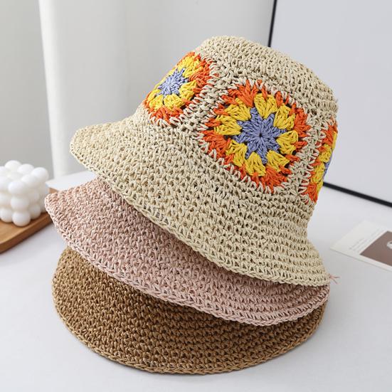 Straw Hat Bohemian Floral Pattern Foldable Beach Hat Wide Brim Hollow Design Bucket Hat Breathable Summer Accessory