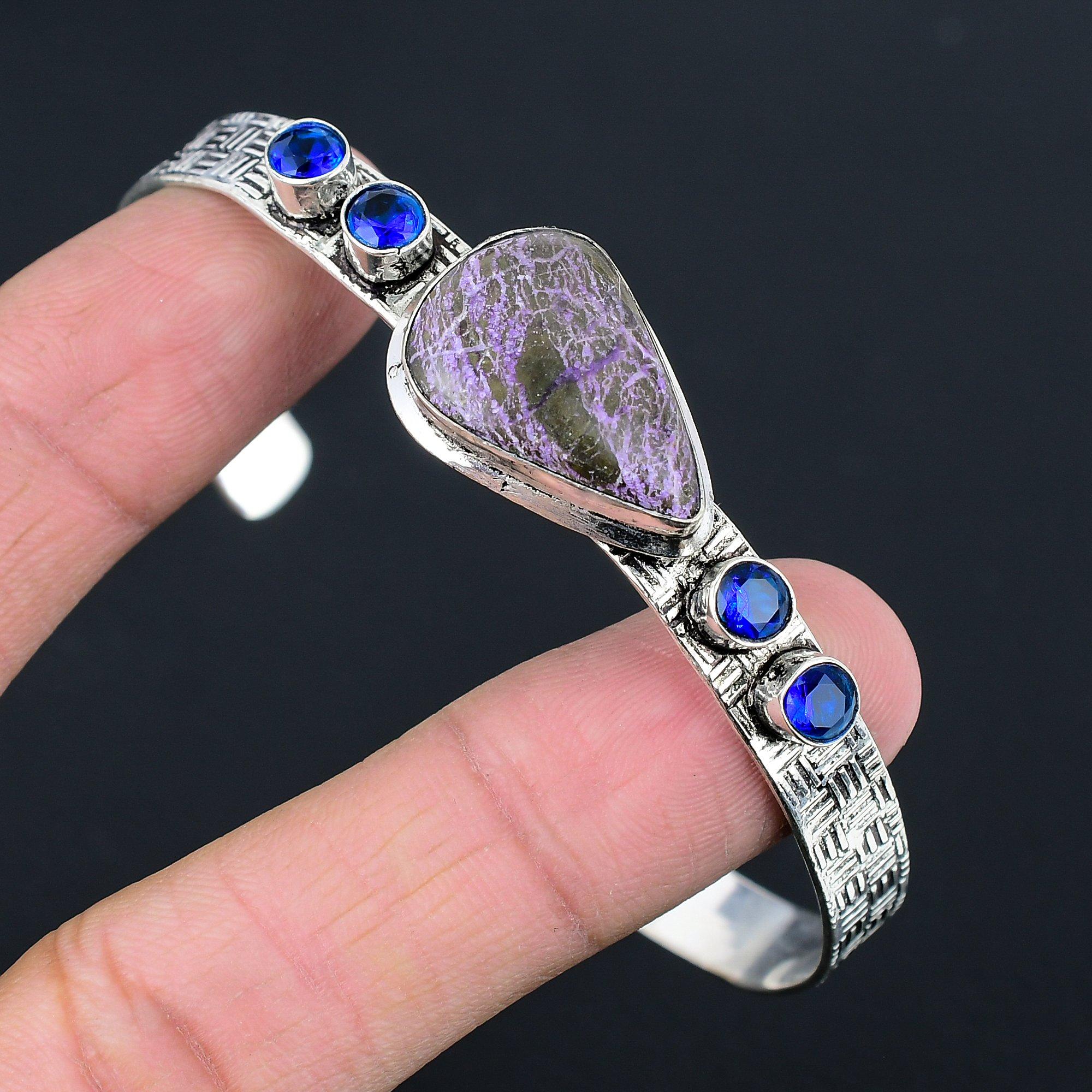 

Friendship Day Deal 925 Silver Natural Purpurite Blue Topaz Wife Bangle Jewelry Adjustable