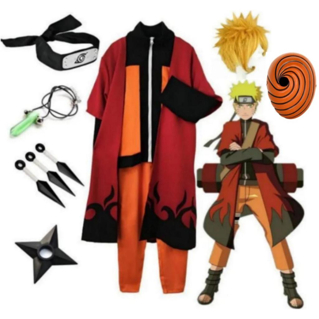 Naruto Uzumaki Akatsuki Cosplay Costume, Naruto Shippuden Classic Anime Character Jacket Pants Headband Wig Outfit for Halloween Carnival Party