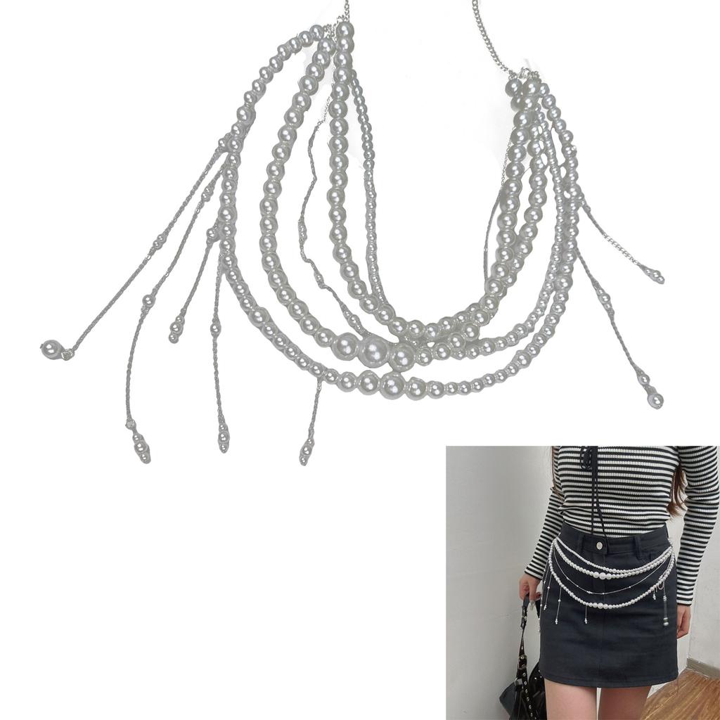 Multi Layered Pearl Tassel Waist Chain Belt for Women Elegant Body Chain with Adjustable Length for Parties and Festivals
