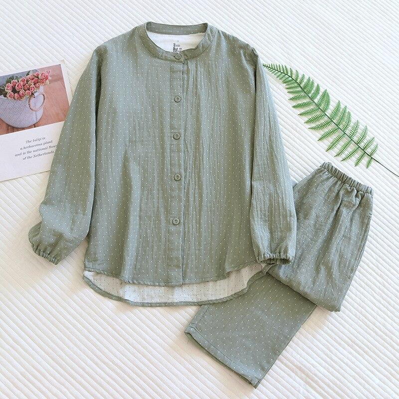 

Spring and Autumn Women s Pajamas Set 100% Cotton Long-sleeved Trousers Two-piece Simple Casual Home Clothes Sleepwear XL зелений