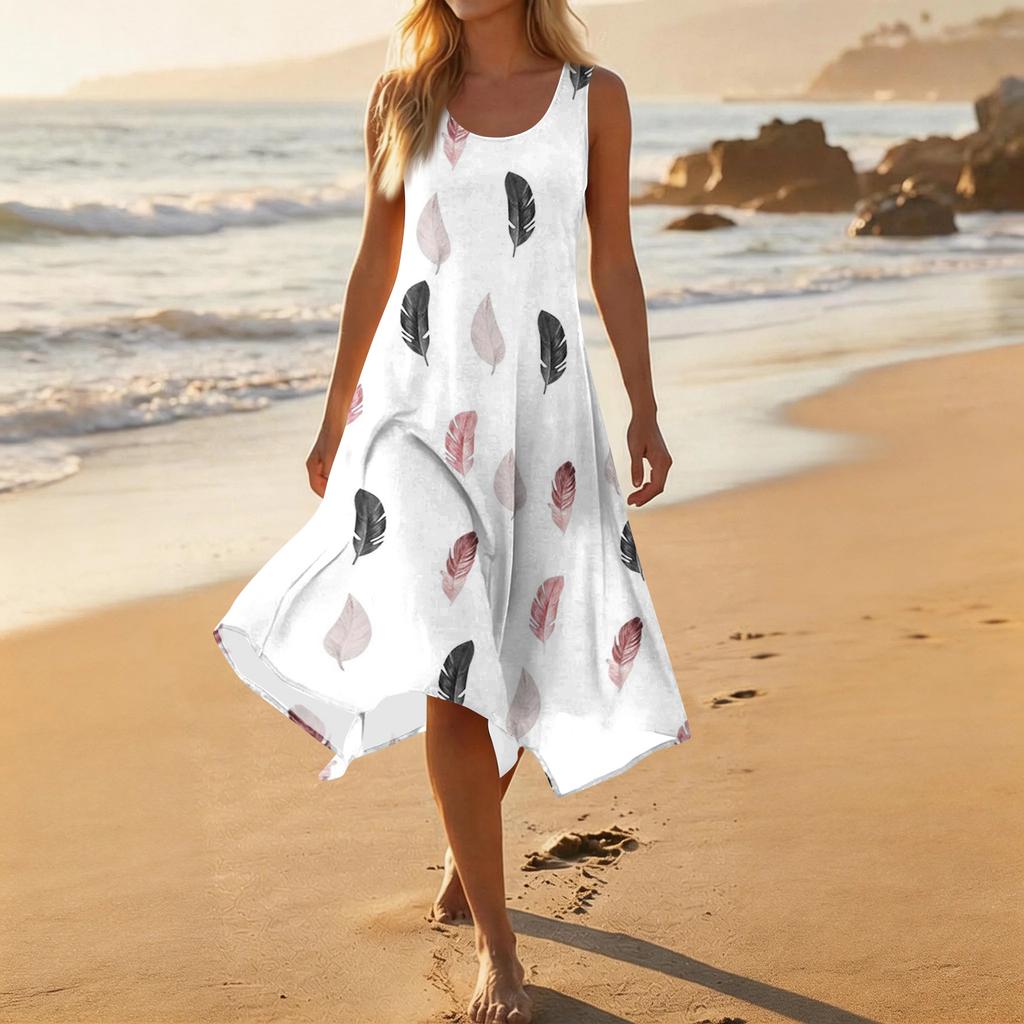 Damen Lässiges Mode-Midikleid mit Rundhalsausschnitt, ärmellos und unregelmäßigem Saum