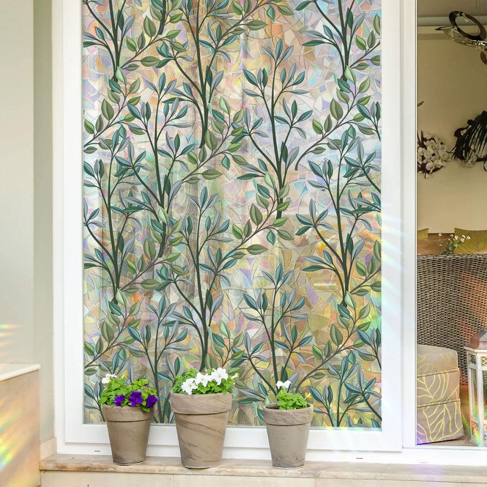 Window Privacy Film, Green Vines Leaves Stained Glass Window Film Decals for Glass Frosted Window Sticker for Kitchen Door Home