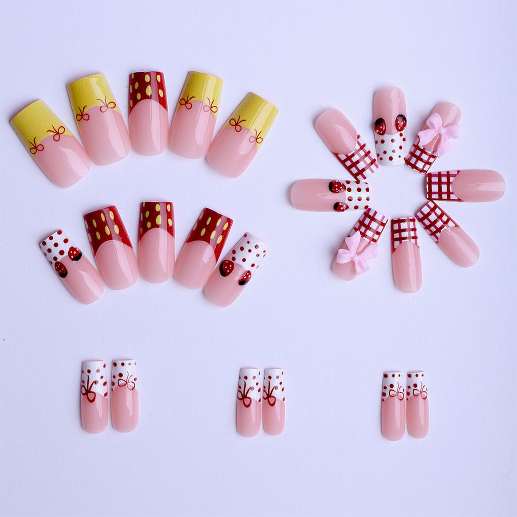 24 pieces of medium-long square press-on nails with red plaid and 3D strawberry designs in red and yellow, direct sale