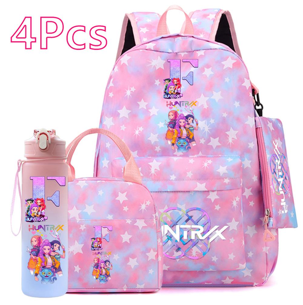 4 Pezzi/set Zaino Stampato con Lettere Inglesi Borsa Grande per Libri Borsa a Mano Custodia borsa con Portabottiglie Acqua da 750ml Zaino Scolastico Ragazzo Ragazza