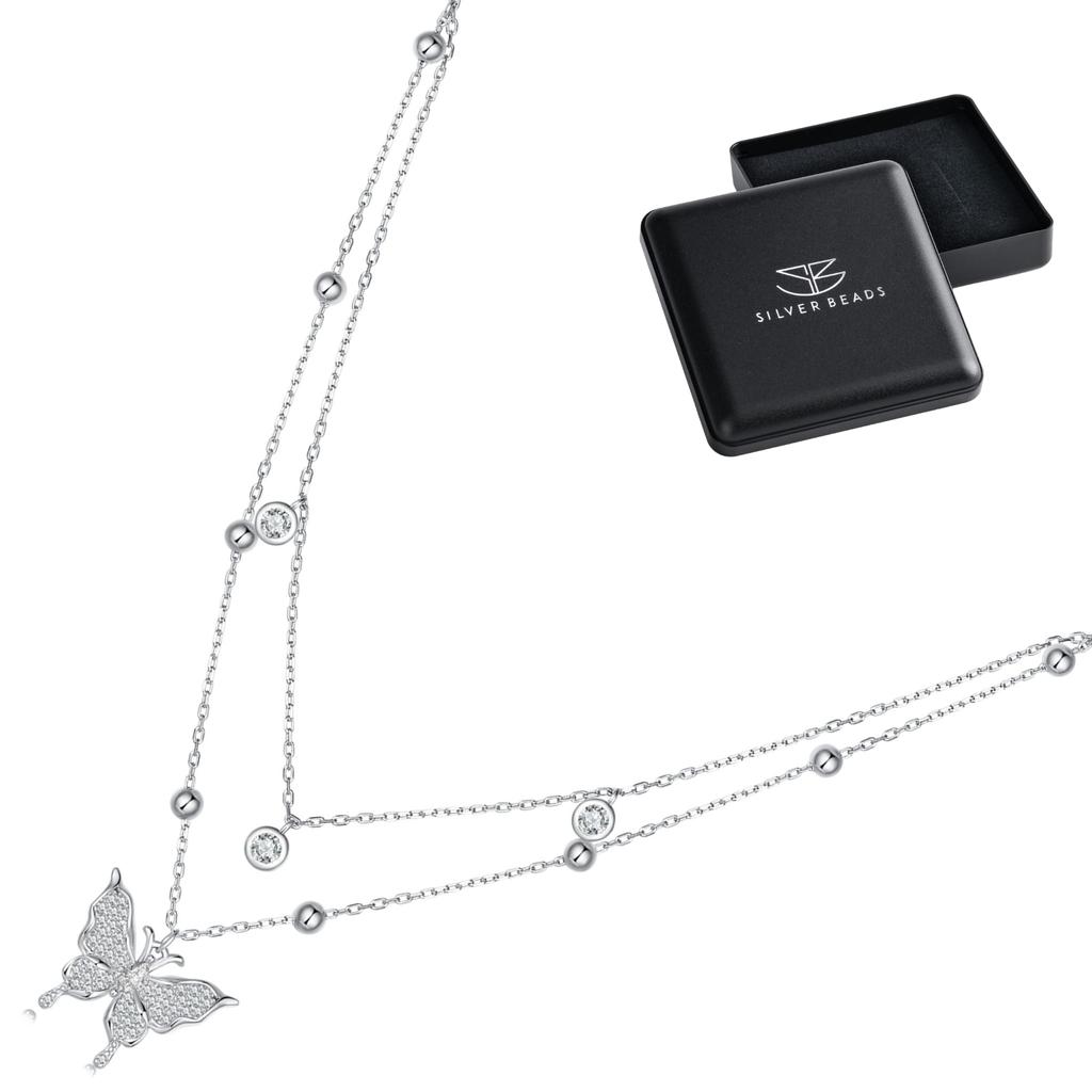 Silver Butterfly Necklace with Crystals, Adjustable Length