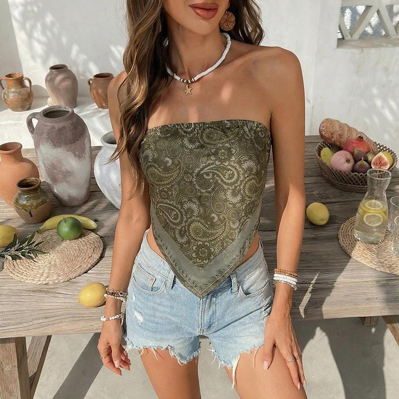 

Women s Summer Boho Paisley Print Tube Top Strapless Bandana Asymmetrical Hem Scarf Tops Y2K Casual Beach Crop Top S