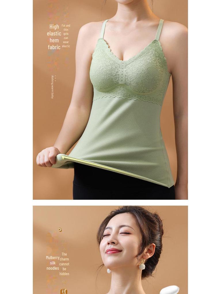 Colete feminino de veludo de dupla face com almofadas no peito, forro de seda e cashmere e roupa íntima térmica de renda sem costura
