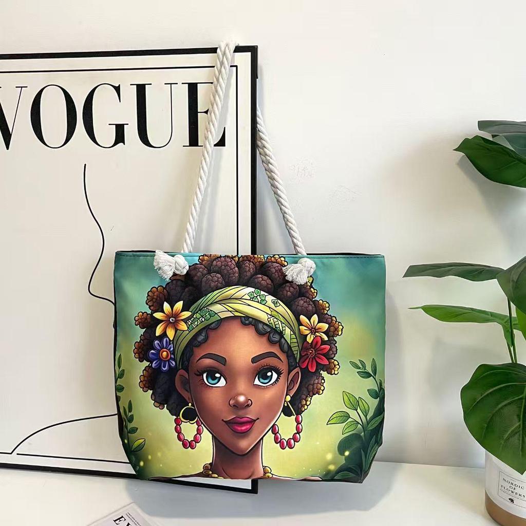 Versatile Women's Large Capacity Foldable Tote Bag with Zipper - Cross-Border Fashion, Printed Single-Shoulder, Perfect for Shopping or Beach.