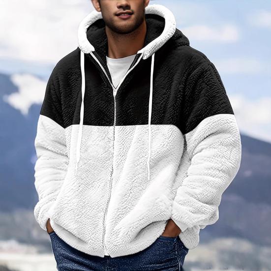 Men Hooded Fleece Jacket Adjustable Drawstring Long Sleeve Zipper Closure Coat Autumn Winter Warm Outerwear