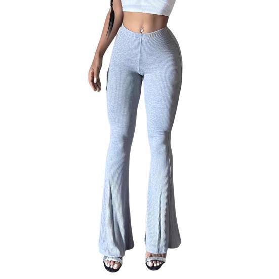Women Flared Pants Elastic High Waist Solid Color Long Pants Ribbed Texture Yoga Running Cycling Trousers