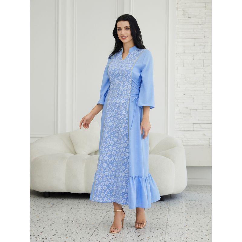 

New Middle East Long sleeve Jacquard V-neck Temperament Lace-up Waist Hugging Look Familiar Dress V-Neck Lace up Dres Blue 2XL