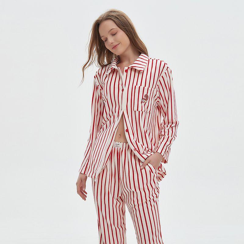 

Velvet Stripes Pajamas Women s Fall and Winter 2025 Spring New Arrival Pajama Pants Two-piece Set Long Sleeves Homewear Can Be Outwear Red L