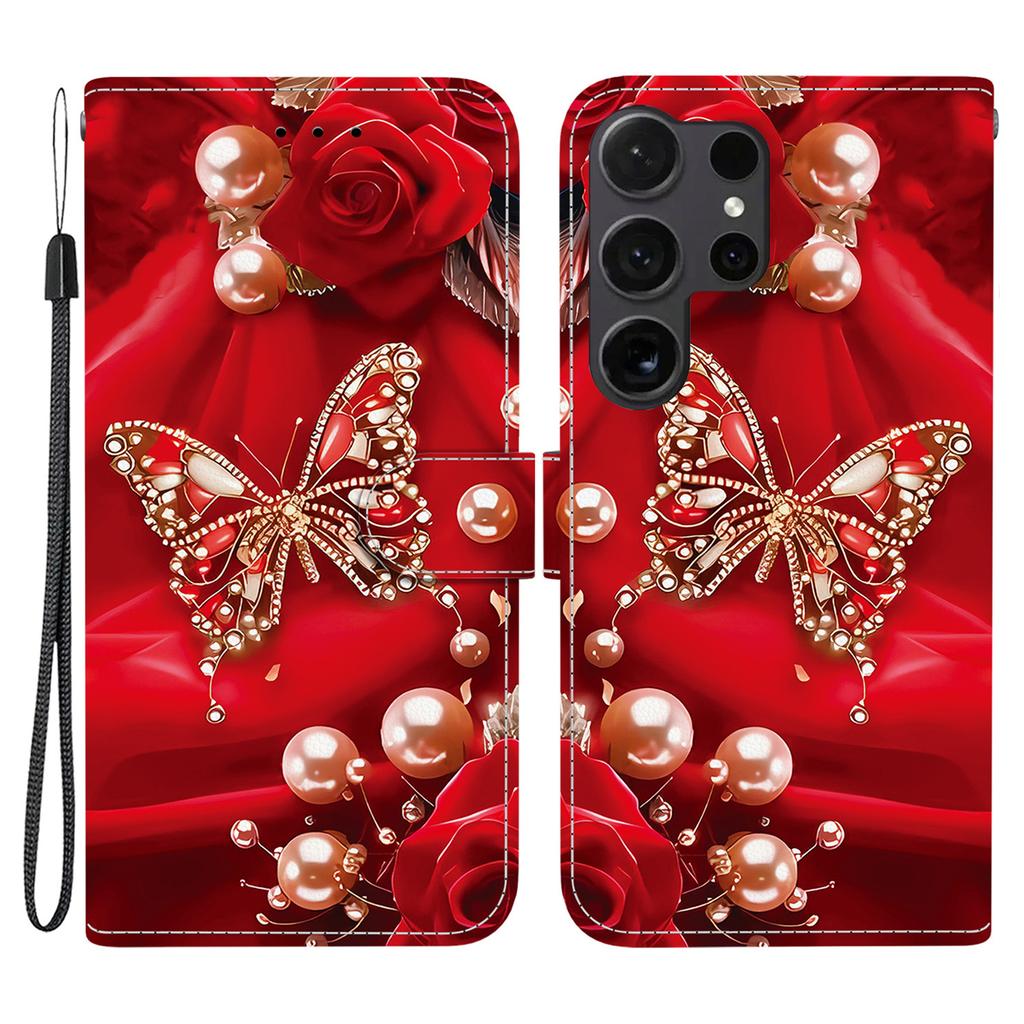 For Samsung Galaxy S26 Ultra Leather Case Stand Wallet Pattern Printing Phone Cover with Wrist Strap