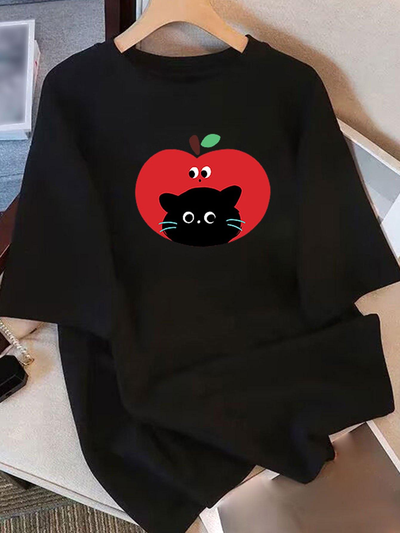 WomenS Casual TShirt with Cute Cat Apple Graphic Harajuku Casual Tshirt Clothing Street Tops Tees Aesthetic Clothes S