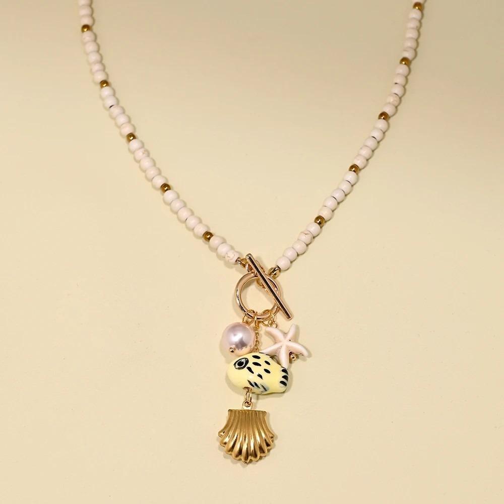 Vacation Style Ceramic Fish Bohemian Pendant Adjustable Rope Faux Pearl Collarbone Chain Boho Choker Jewelry Female Fashion
