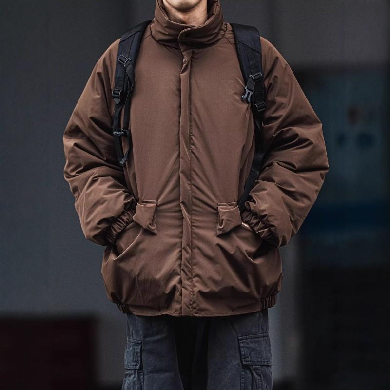 Unisex Oversized Winter Cotton Coat With Stand Collar Coffee Black Solid Color Warm Thick Workwear Style