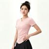 Slim and Thin Yoga T-shirt Women's V-neck Design Feeling Waist Fold Sports Fitness Clothing Top Elastic